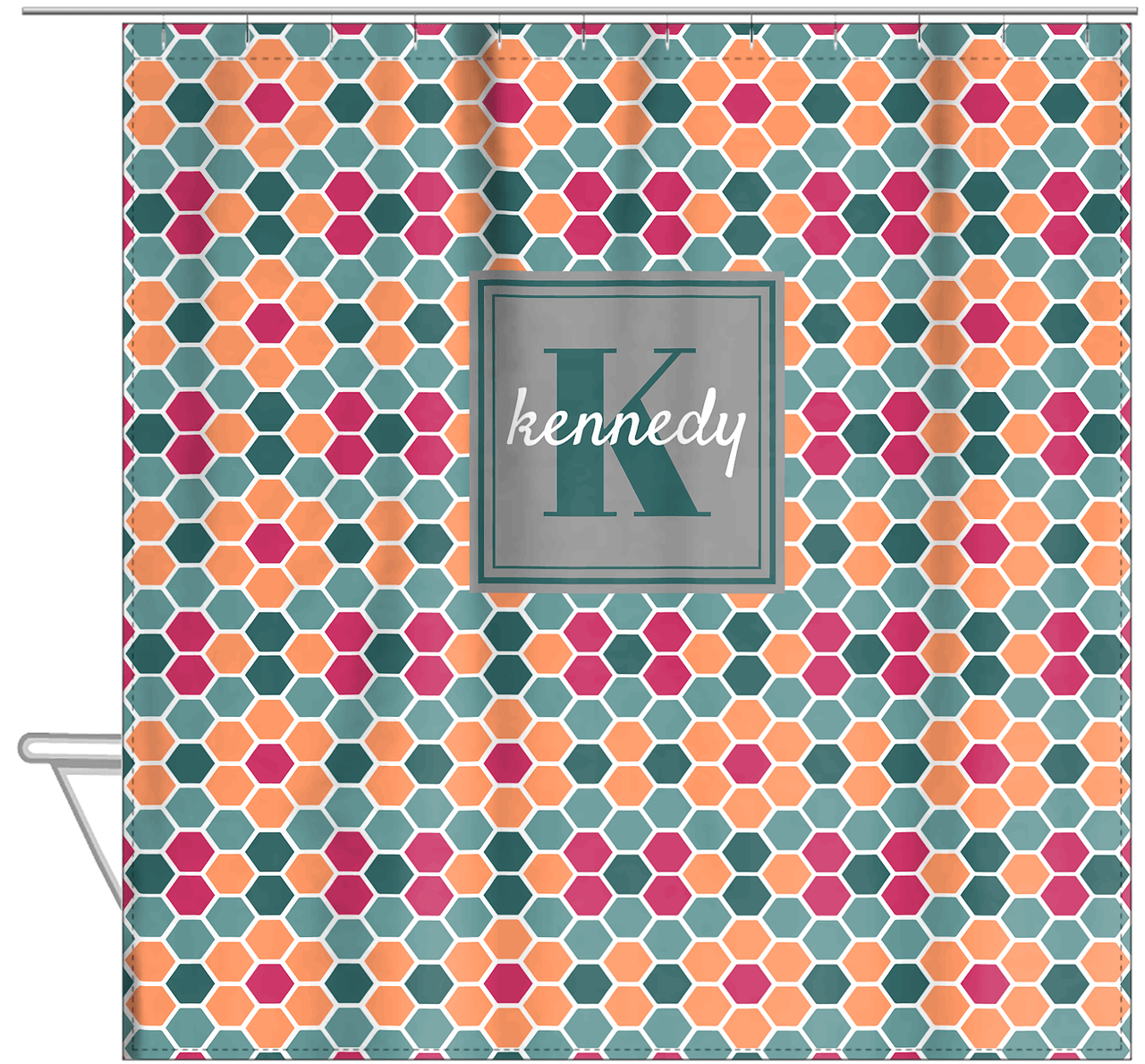 Personalized Flower Comb Shower Curtain - Green and Orange - Square Nameplate - Hanging View