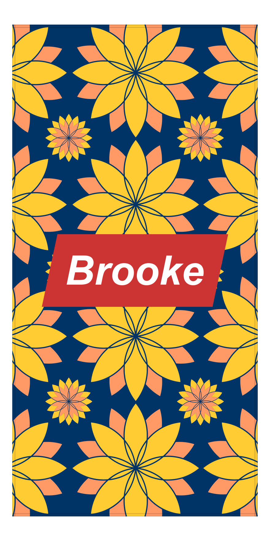 Personalized Flower Burst Beach Towel - Portrait - Blue and Orange - Parallelogram Nameplate - Front View