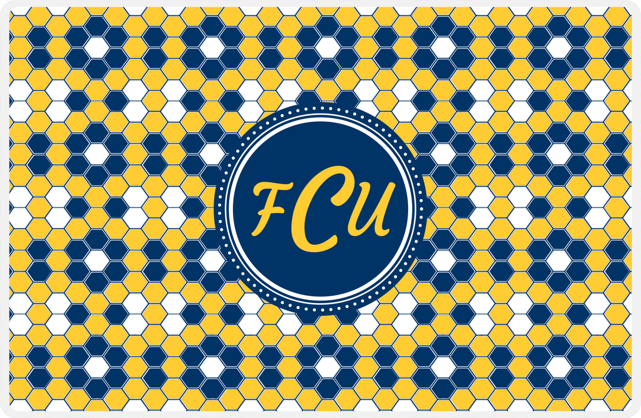 Personalized Flower Comb Placemat - Navy and Mustard - Navy Circle Frame -  View