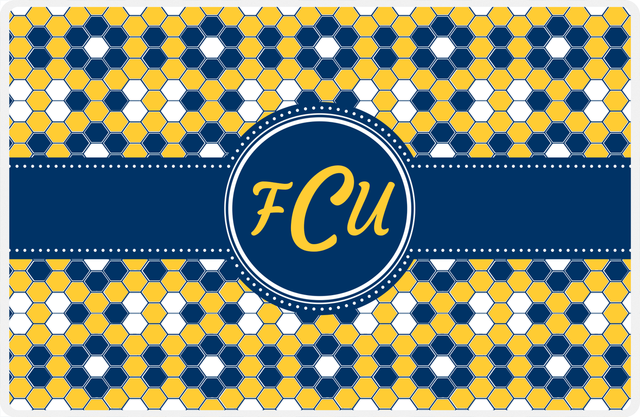 Personalized Flower Comb Placemat - Navy and Mustard - Navy Circle Frame With Ribbon -  View