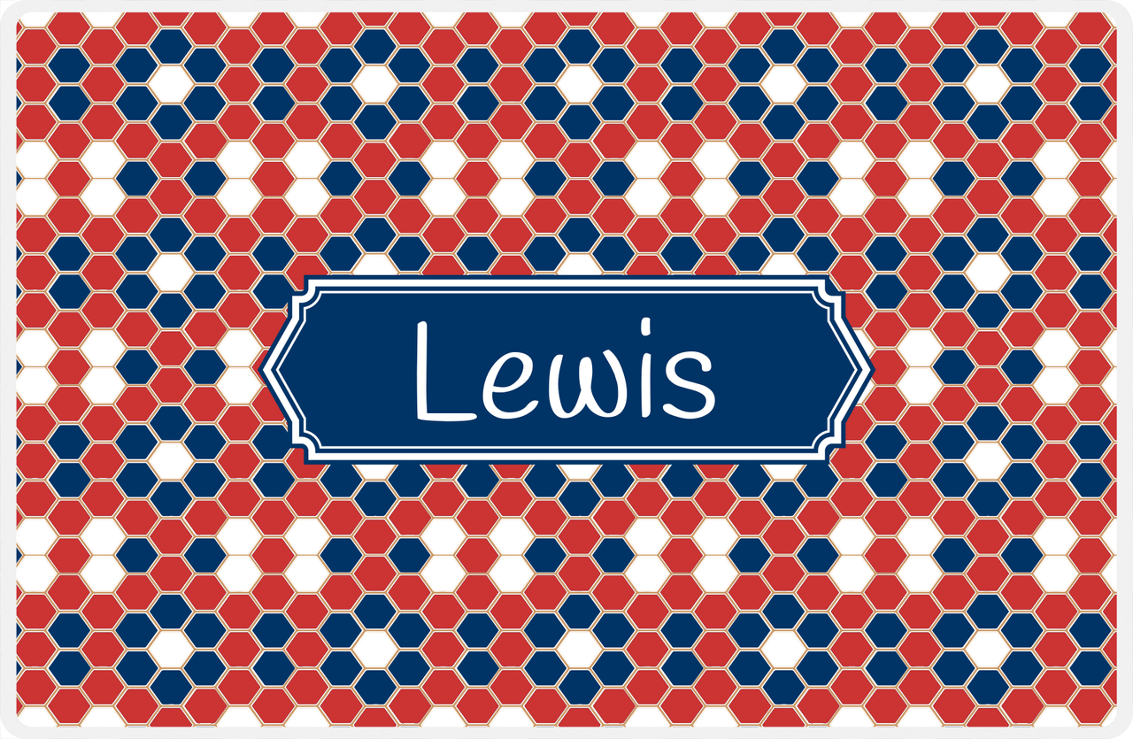 Personalized Flower Comb Placemat - Cherry Red and White - Navy Decorative Rectangle Frame -  View