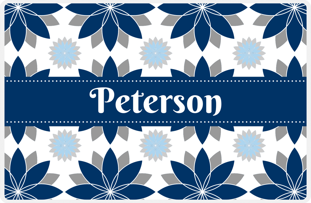 Personalized Flower Burst Placemat - Light Grey and White - Navy Ribbon Frame -  View