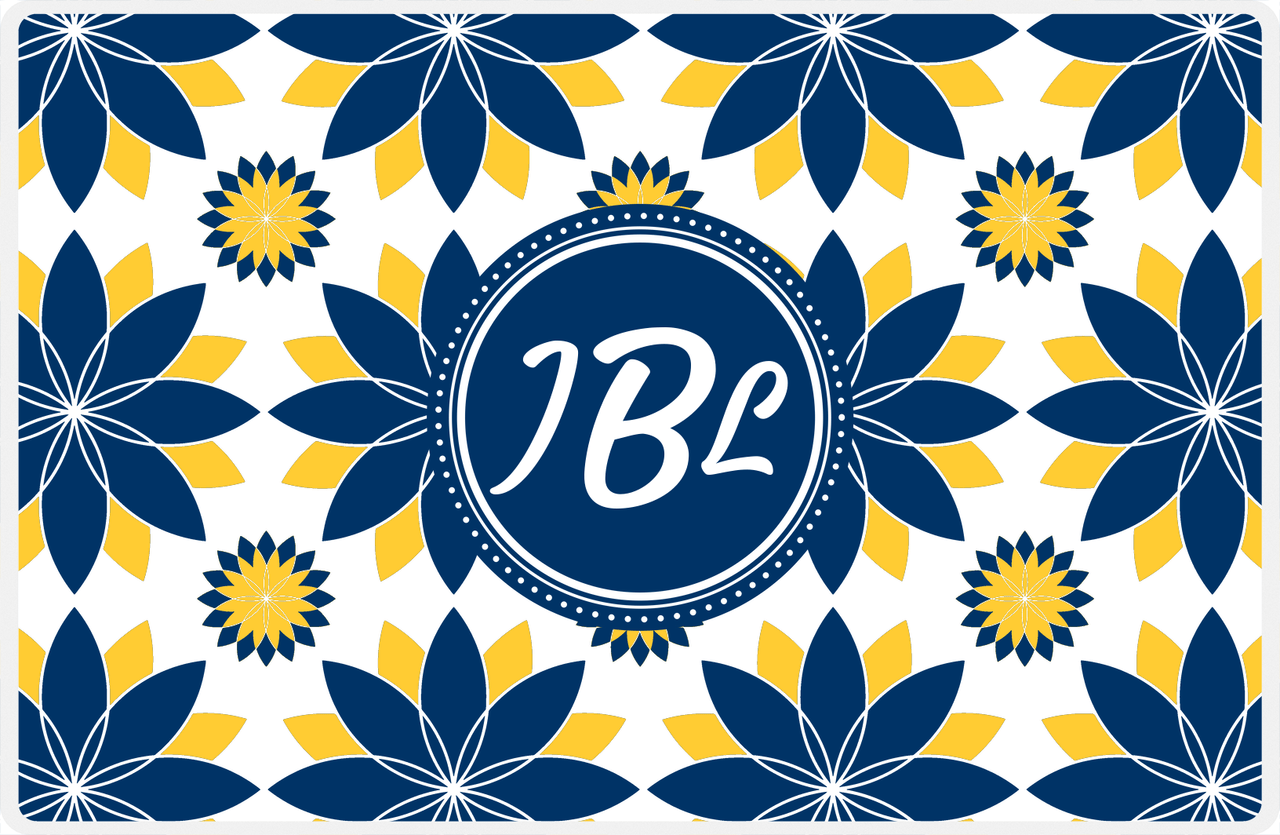 Personalized Flower Burst Placemat - Navy and Mustard - Navy Circle Frame -  View