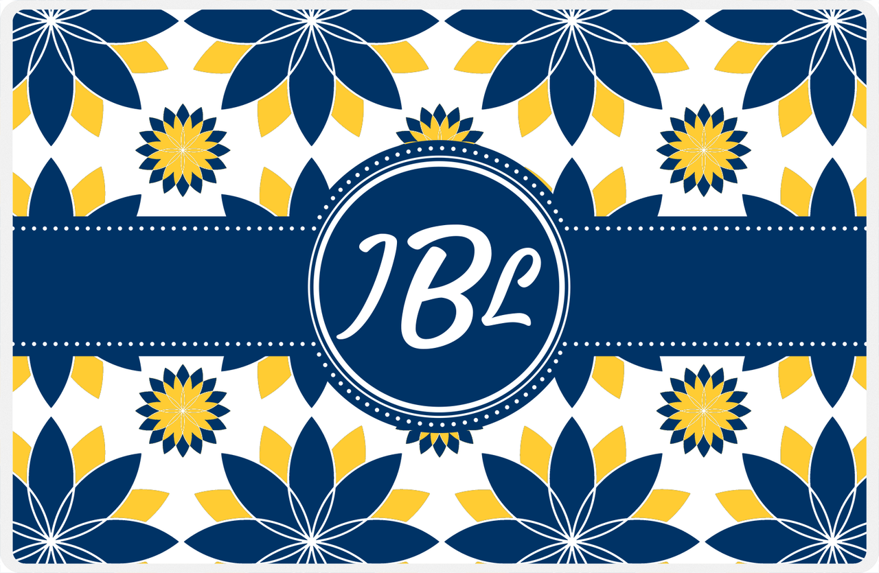 Personalized Flower Burst Placemat - Navy and Mustard - Navy Circle Frame with Ribbon -  View