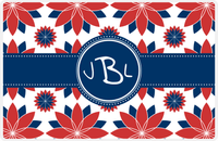Thumbnail for Personalized Flower Burst Placemat - Cherry Red and White - Navy Circle Frame with Ribbon -  View