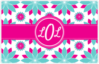 Thumbnail for Personalized Flower Burst Placemat - Viking Blue and White - Hot Pink Circle Frame with Ribbon -  View