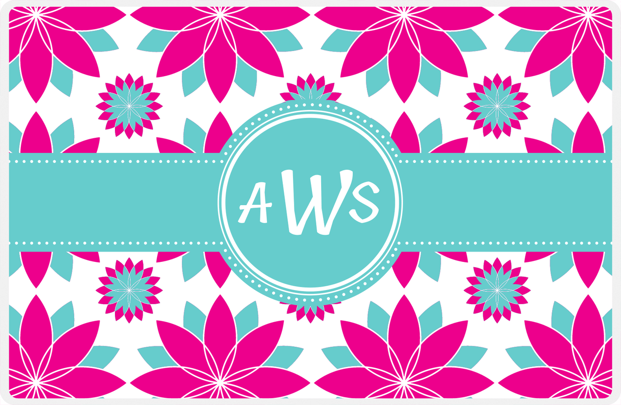 Personalized Flower Burst Placemat - Hot Pink and White - Viking Blue Circle Frame with Ribbon -  View
