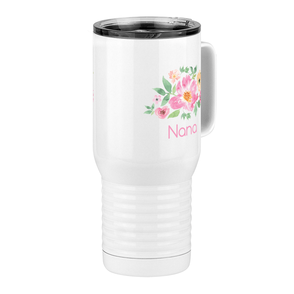 Personalized Flowers Travel Coffee Mug Tumbler with Handle (20 oz) - Nana - Front Right View