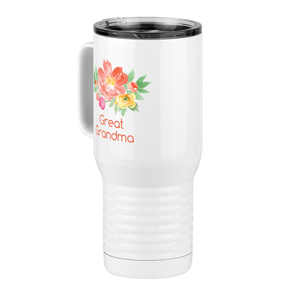 Personalized Flowers Travel Coffee Mug Tumbler with Handle (20 oz) - Great Grandma - Front Left View
