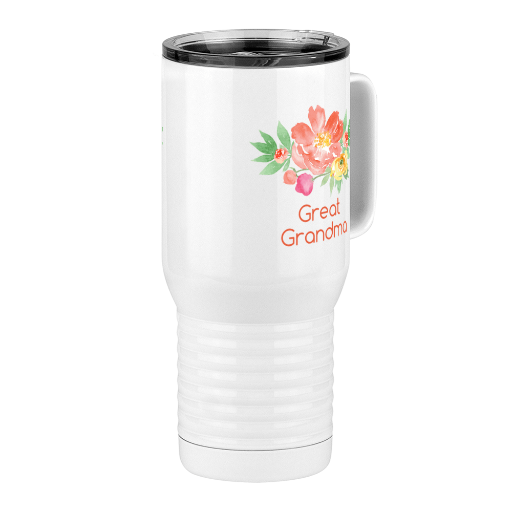 Personalized Flowers Travel Coffee Mug Tumbler with Handle (20 oz) - Great Grandma - Front Right View