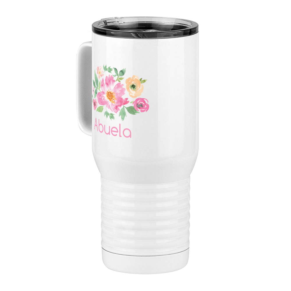 Personalized Flowers Travel Coffee Mug Tumbler with Handle (20 oz) - Abuela - Front Left View