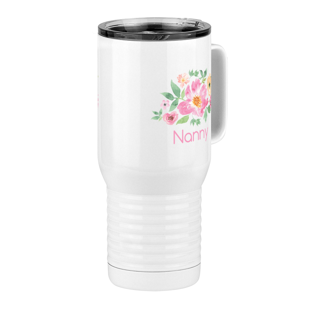 Personalized Flowers Travel Coffee Mug Tumbler with Handle (20 oz) - Nanny - Front Right View