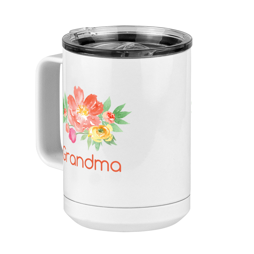 Personalized Flowers Coffee Mug Tumbler with Handle (15 oz) - Grandma - Front Left View
