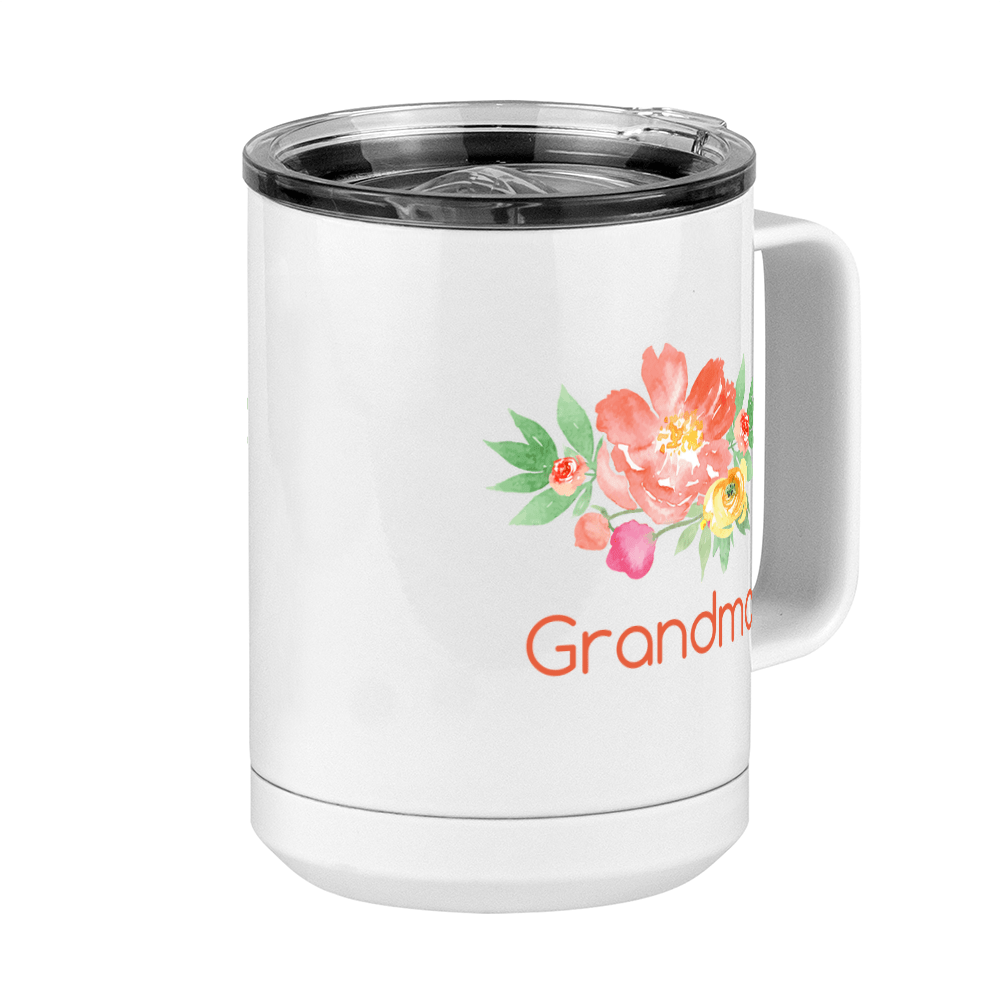 Personalized Flowers Coffee Mug Tumbler with Handle (15 oz) - Grandma - Front Right View
