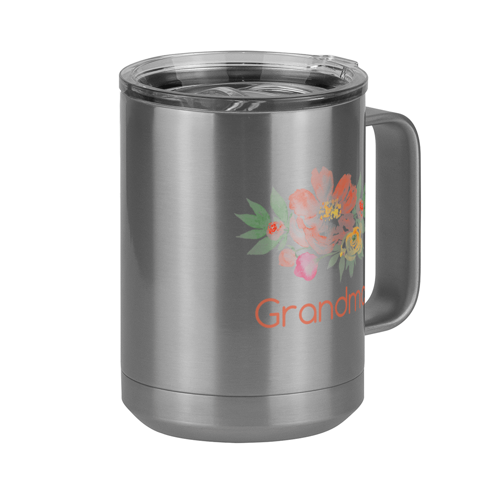 Personalized Flowers Coffee Mug Tumbler with Handle (15 oz) - Grandma - Front Right View