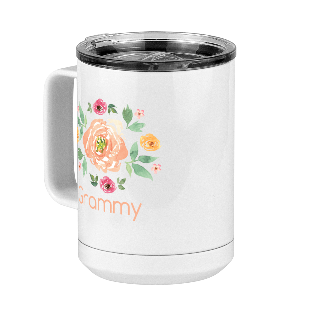 Personalized Flowers Coffee Mug Tumbler with Handle (15 oz) - Grammy - Front Left View