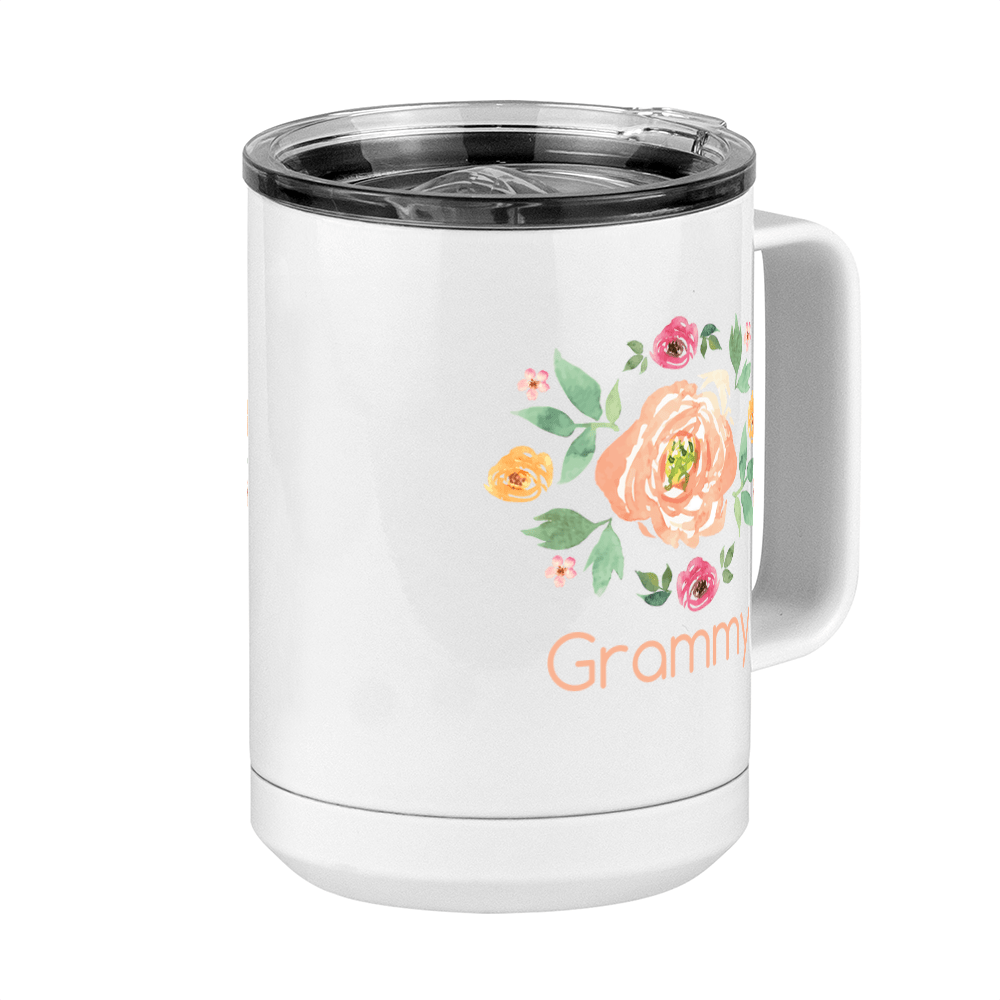 Personalized Flowers Coffee Mug Tumbler with Handle (15 oz) - Grammy - Front Right View