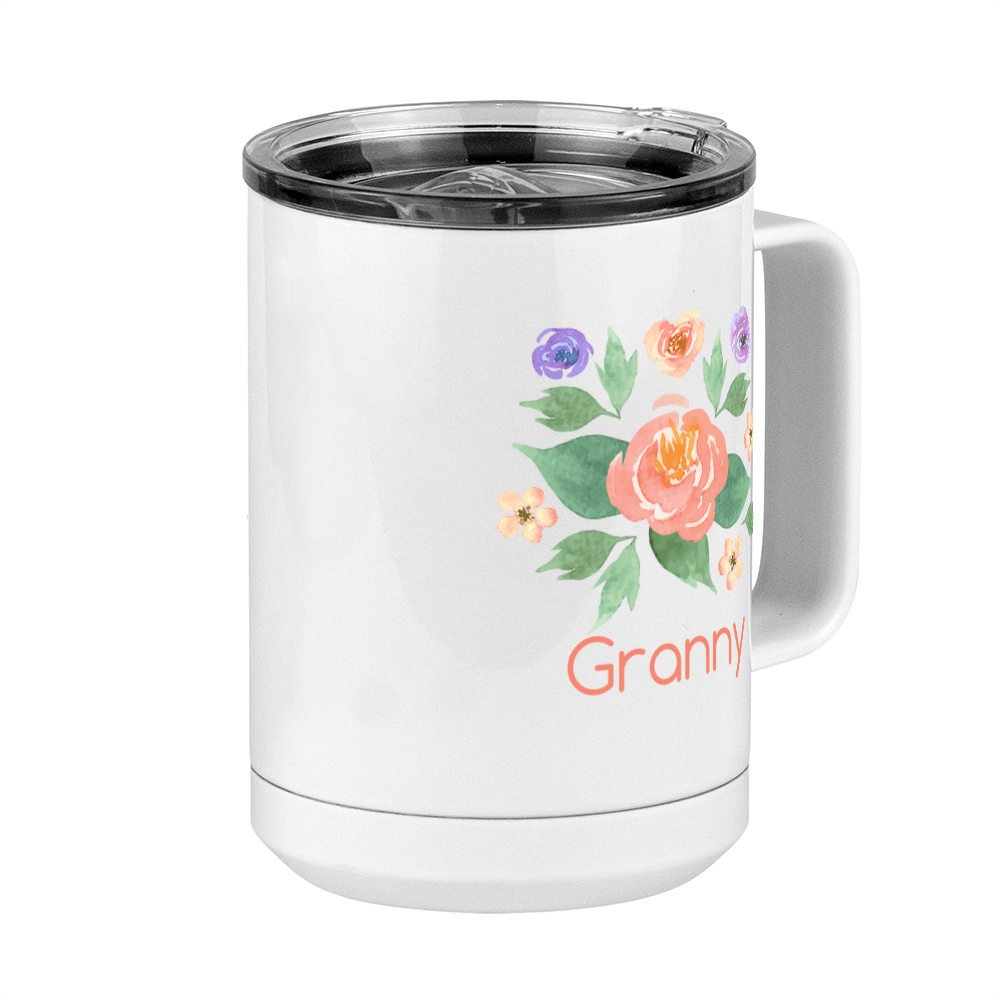 Personalized Flowers Coffee Mug Tumbler with Handle (15 oz) - Granny - Front Right View