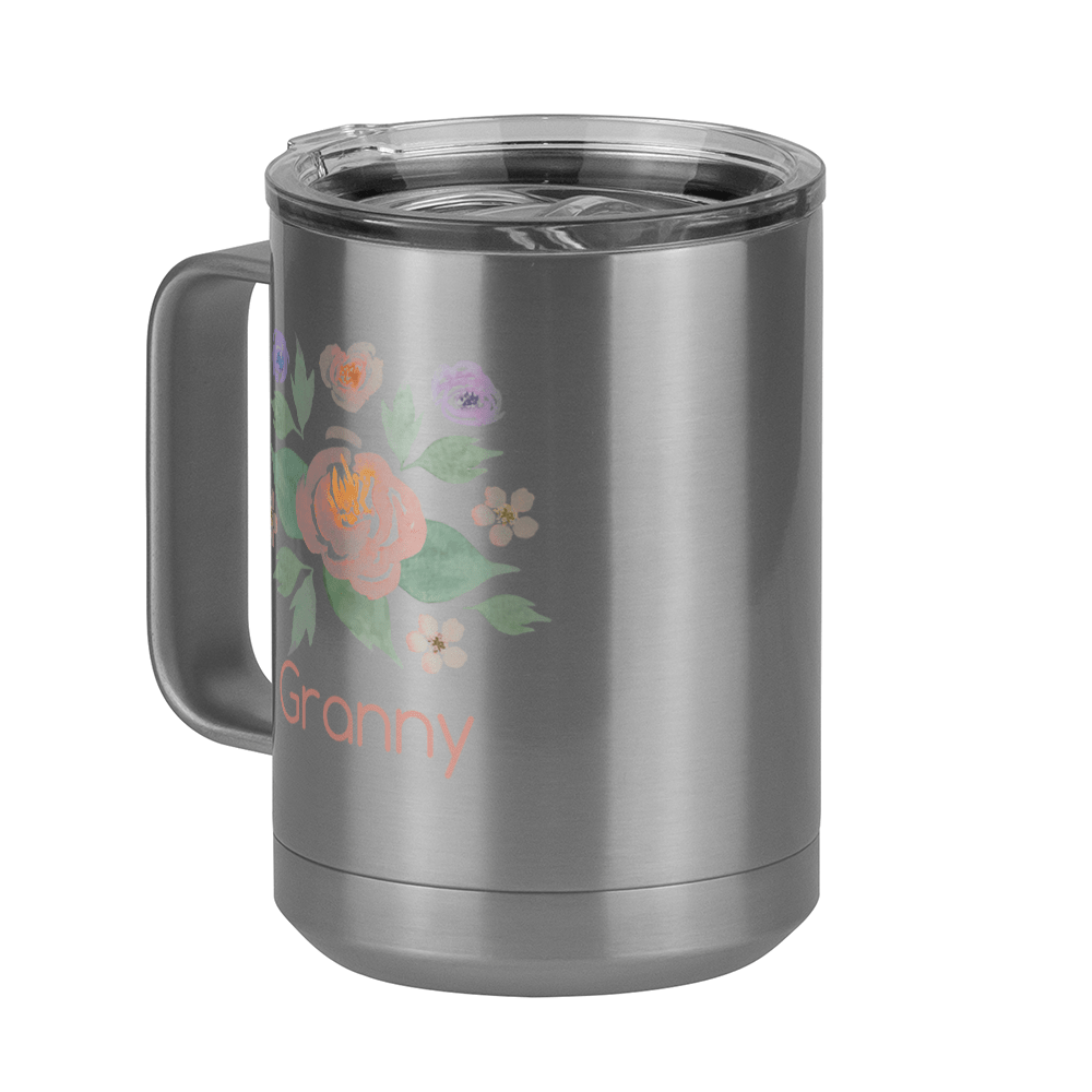 Personalized Flowers Coffee Mug Tumbler with Handle (15 oz) - Granny - Front Left View