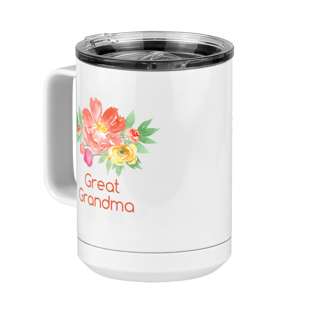 Personalized Flowers Coffee Mug Tumbler with Handle (15 oz) - Great Grandma - Front Left View