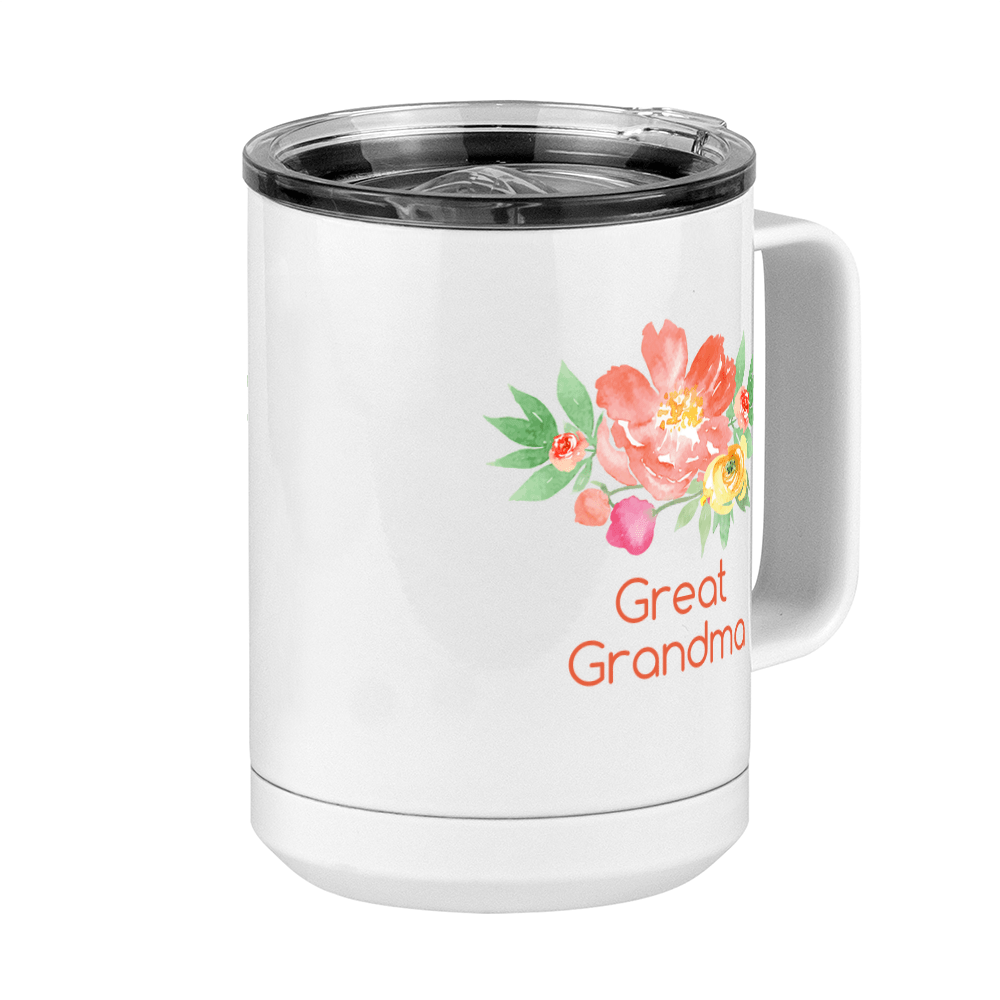 Personalized Flowers Coffee Mug Tumbler with Handle (15 oz) - Great Grandma - Front Right View