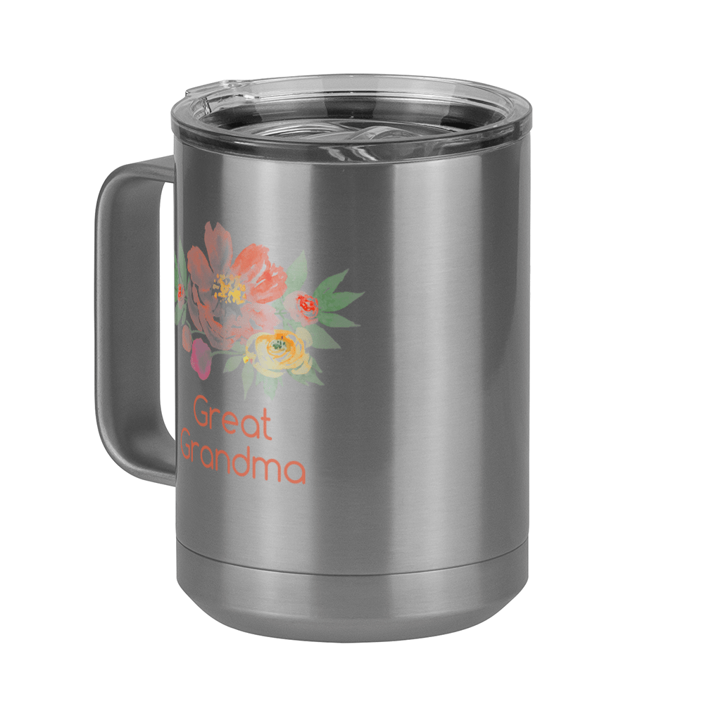 Personalized Flowers Coffee Mug Tumbler with Handle (15 oz) - Great Grandma - Front Left View