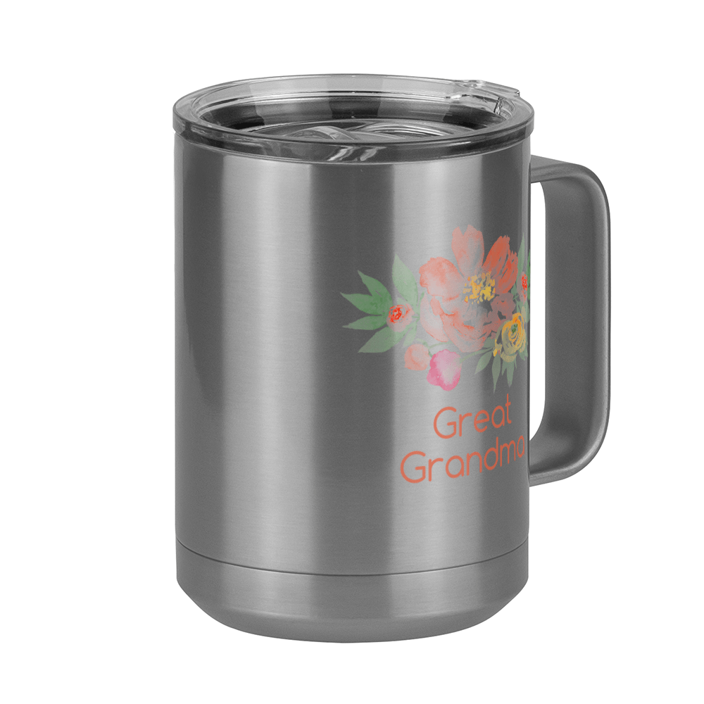 Personalized Flowers Coffee Mug Tumbler with Handle (15 oz) - Great Grandma - Front Right View