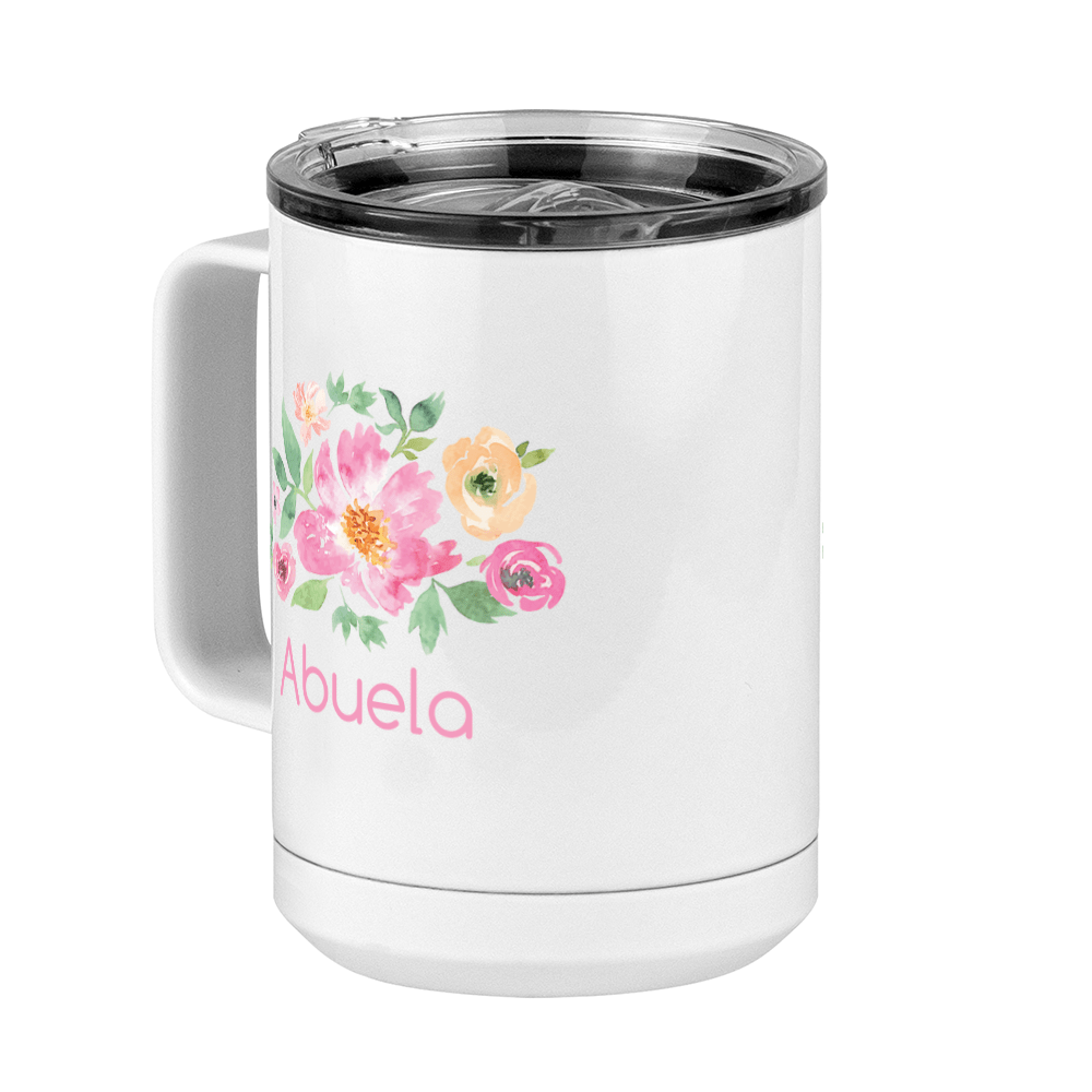 Personalized Flowers Coffee Mug Tumbler with Handle (15 oz) - Abuela - Front Left View