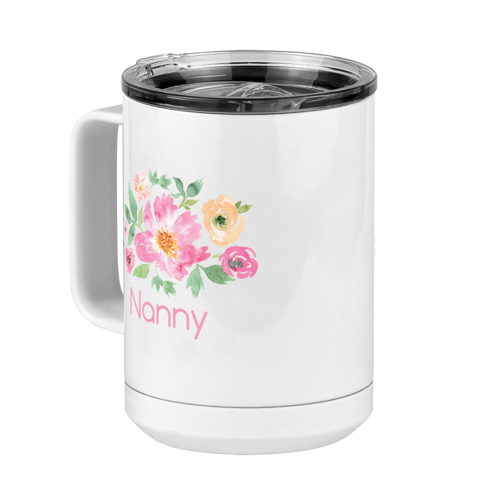 Personalized Flowers Coffee Mug Tumbler with Handle (15 oz) - Nanny - Front Left View