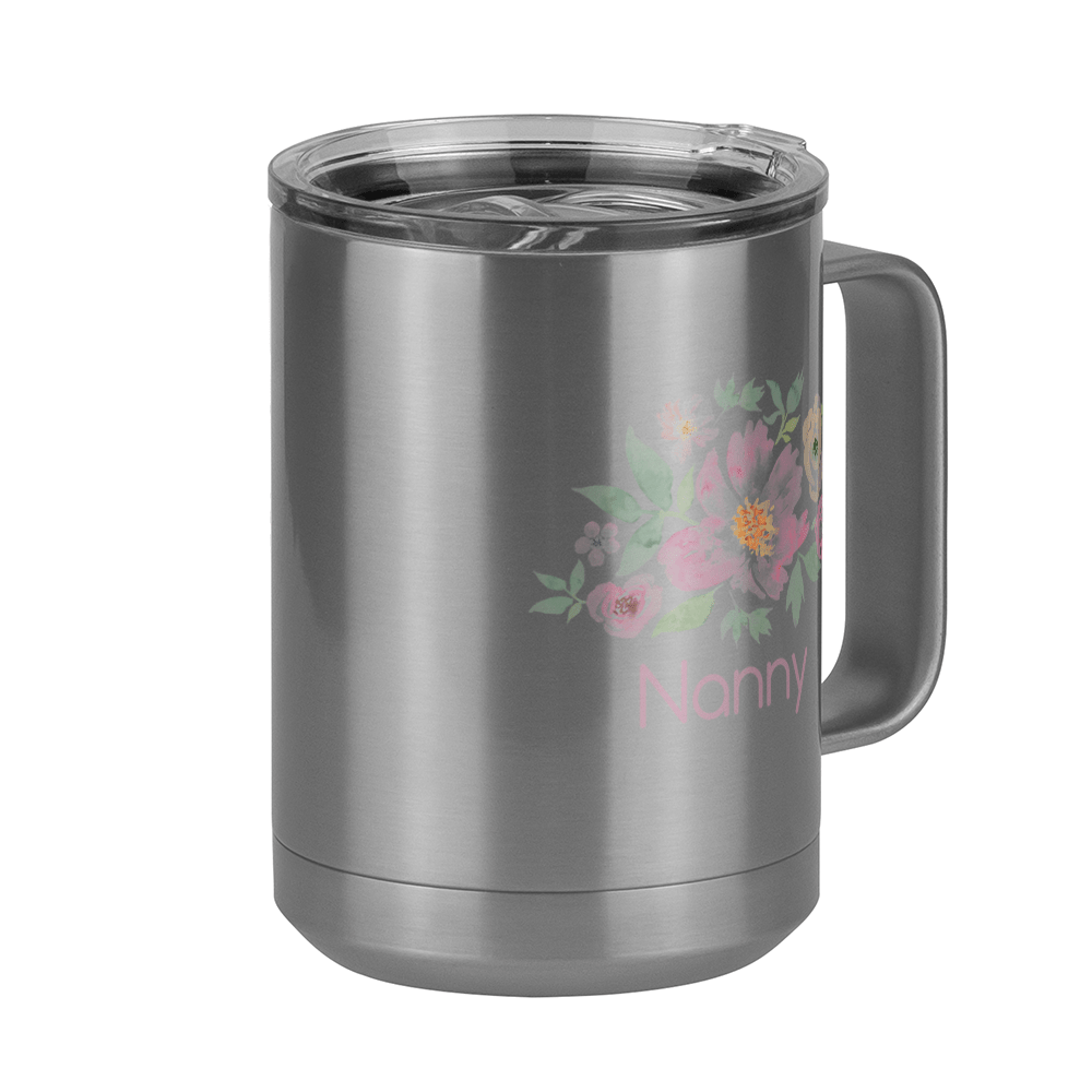 Personalized Flowers Coffee Mug Tumbler with Handle (15 oz) - Nanny - Front Right View