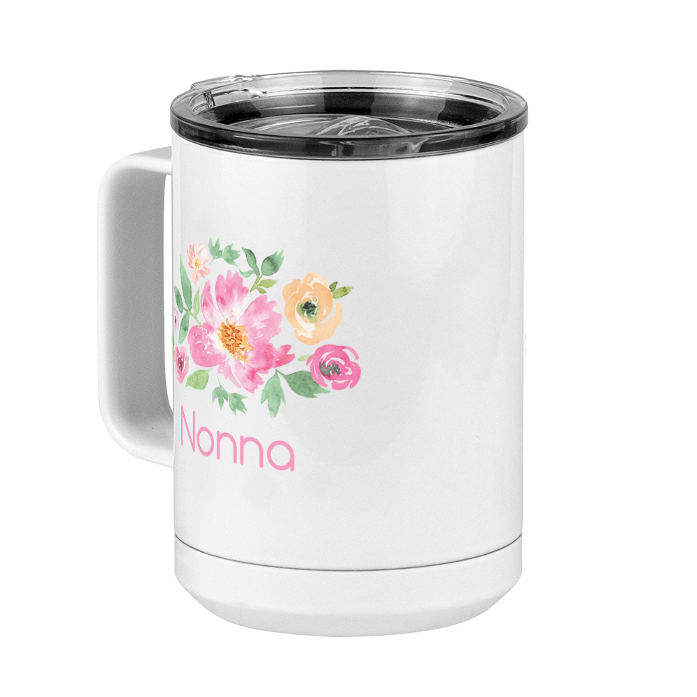 Personalized Flowers Coffee Mug Tumbler with Handle (15 oz) - Nonna - Front Left View