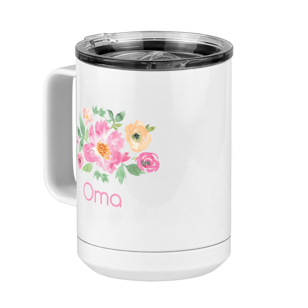 Personalized Flowers Coffee Mug Tumbler with Handle (15 oz) - Oma - Front Left View