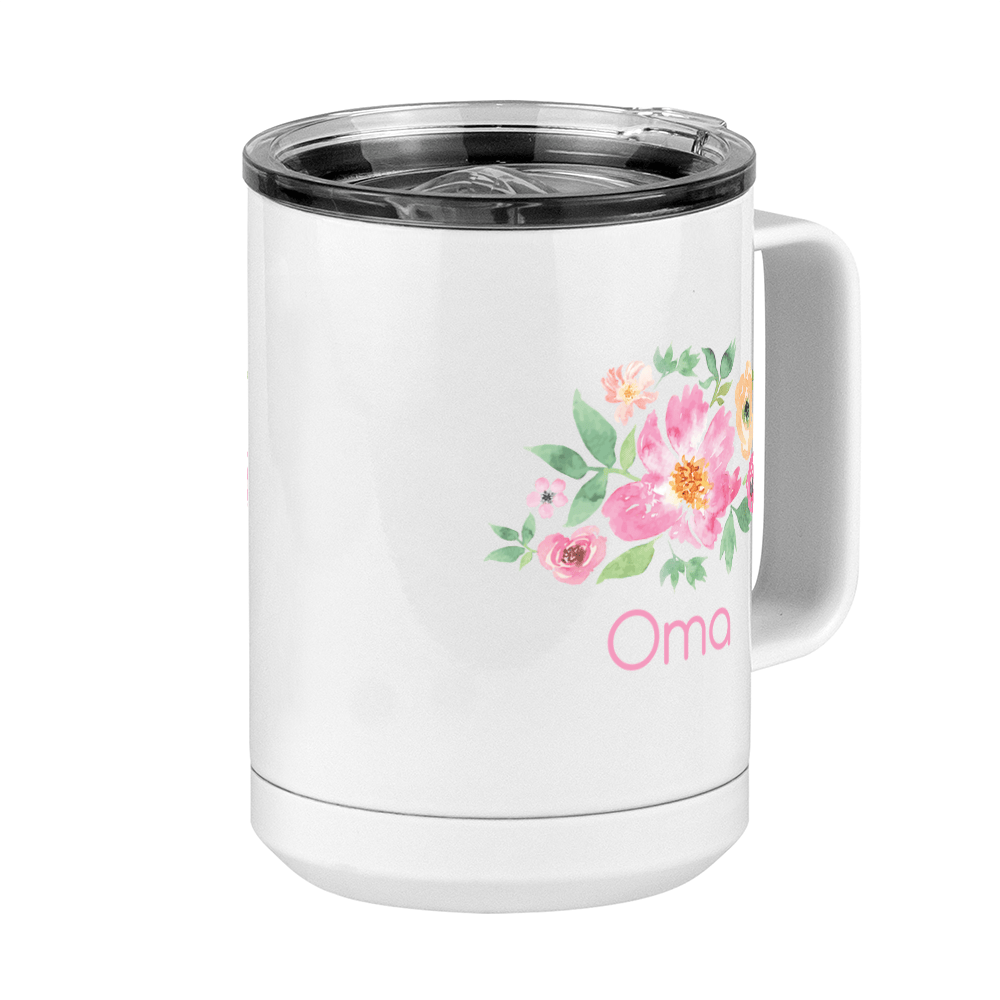 Personalized Flowers Coffee Mug Tumbler with Handle (15 oz) - Oma - Front Right View