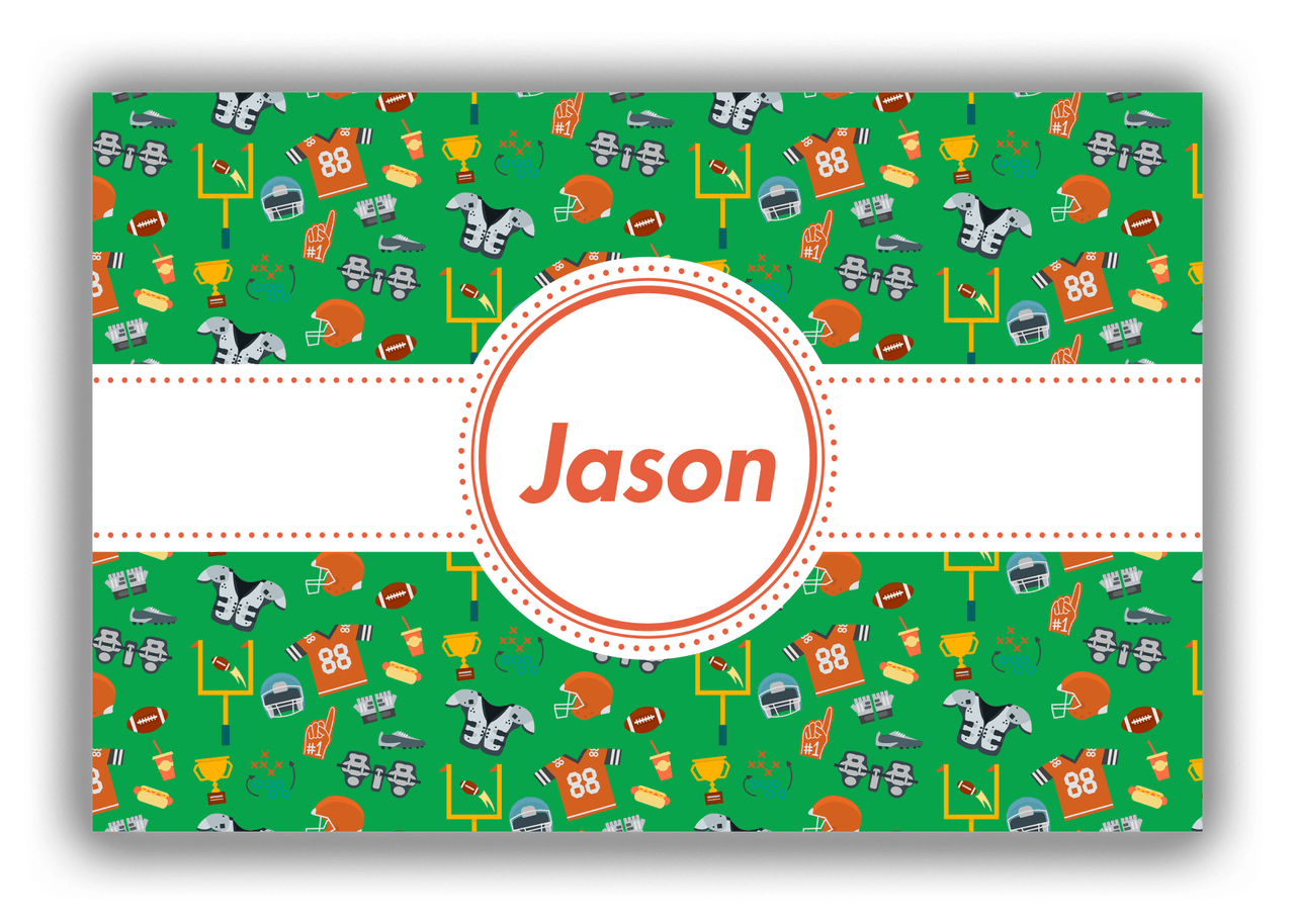 Personalized Football Canvas Wrap & Photo Print IV - Green Background - Circle Ribbon Nameplate - Front View