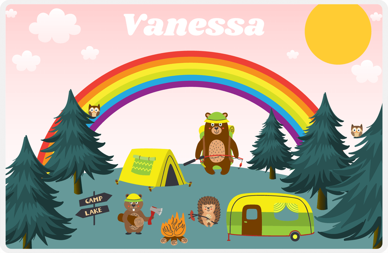 Personalized Forest Friends Placemat III - Camping Friends - Pink Background -  View