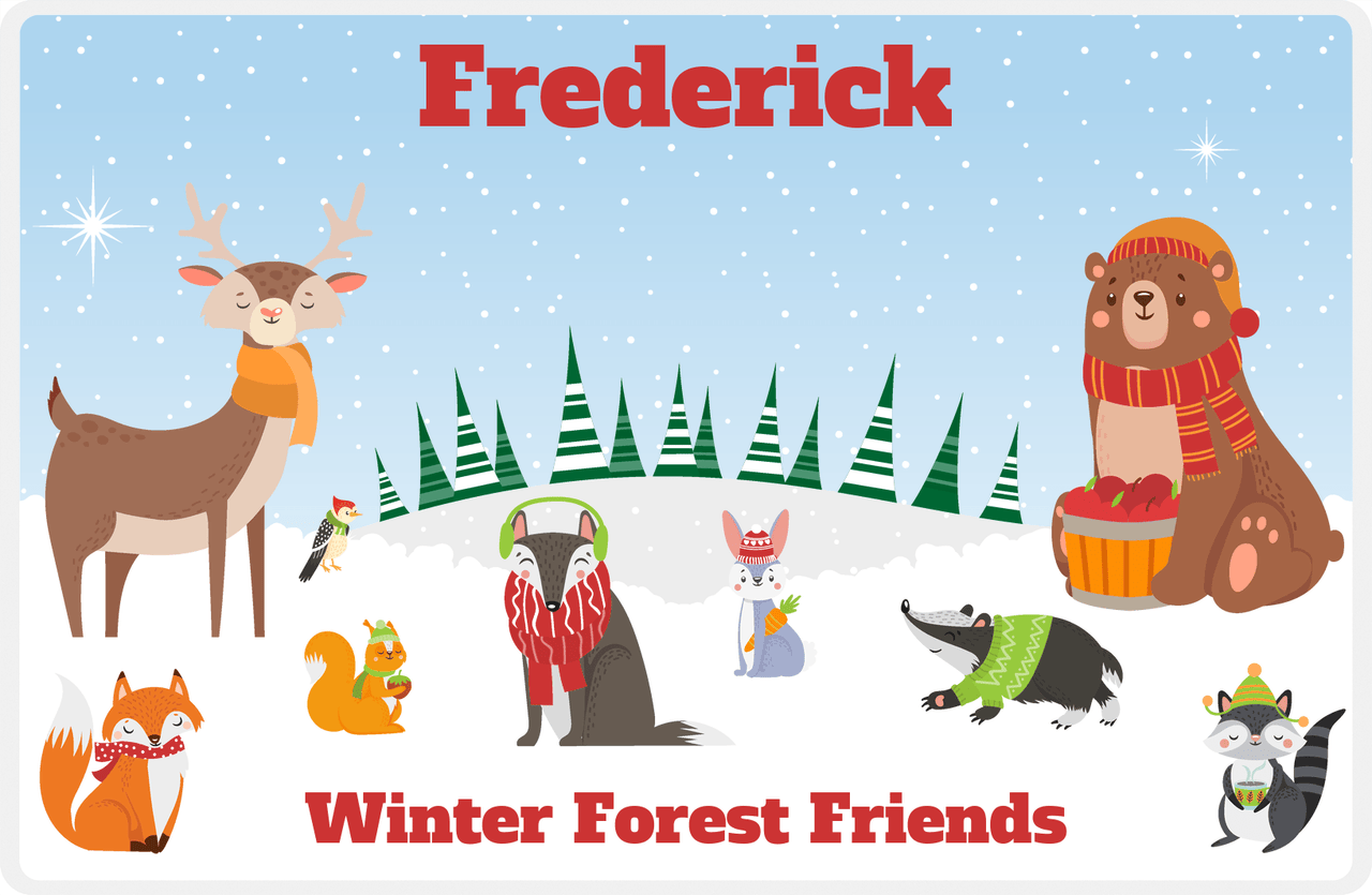 Personalized Forest Friends Placemat VI - Winter Forest - Blue Background -  View