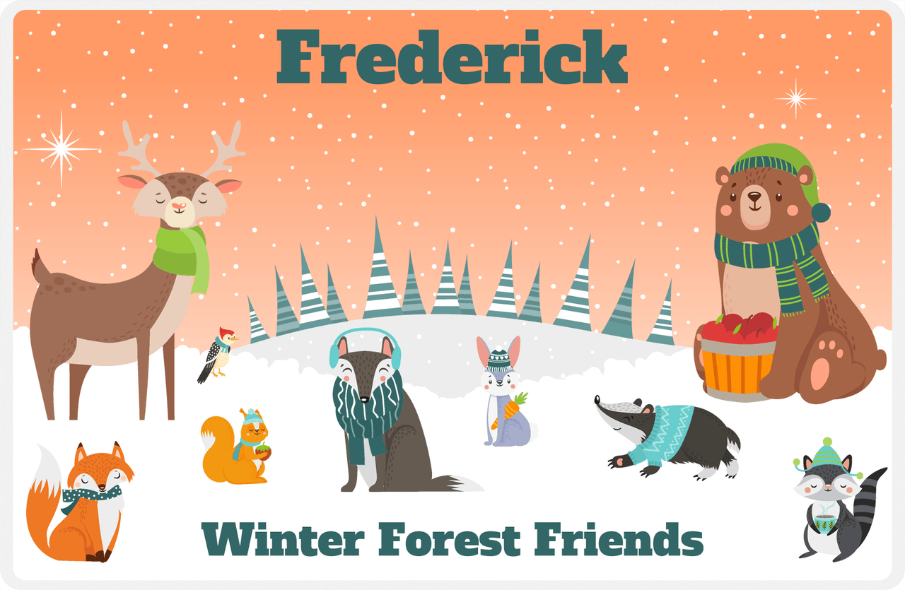 Personalized Forest Friends Placemat VI - Winter Forest - Orange Background -  View