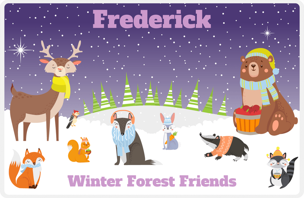 Personalized Forest Friends Placemat VI - Winter Forest - Purple Background -  View