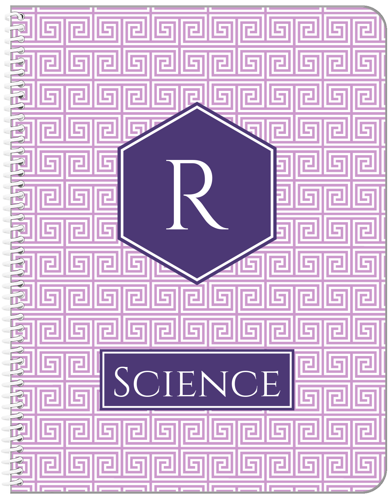 Personalized Fret Notebook - Lilac and Indigo - Hexagon Nameplate - Front View