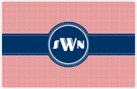 Thumbnail for Personalized Fret Placemat - Cherry Red and White - Navy Circle Frame With Ribbon -  View