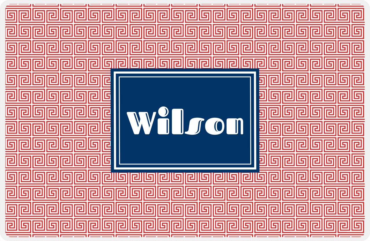 Personalized Fret Placemat - Cherry Red and White - Navy Rectangle Frame -  View