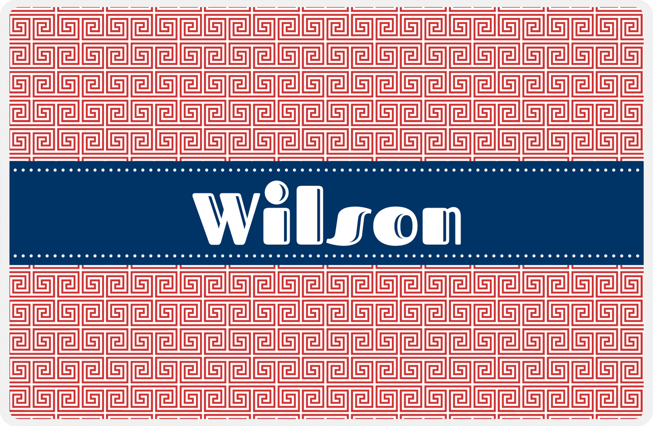 Personalized Fret Placemat - Cherry Red and White - Navy Ribbon Frame -  View