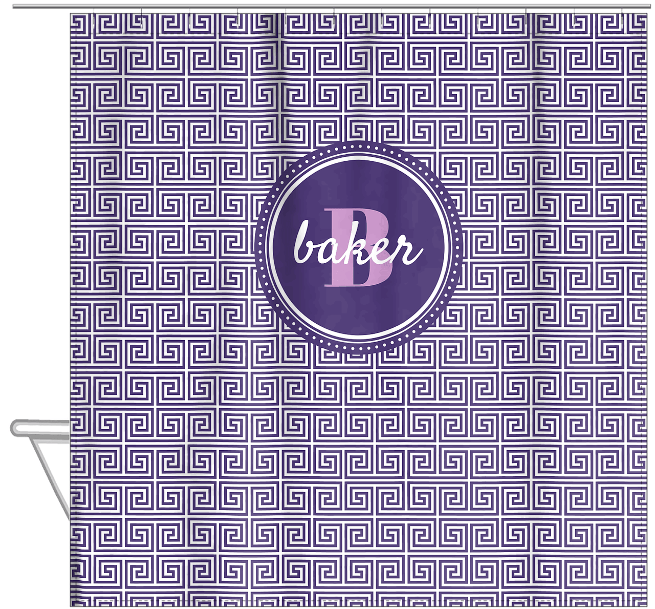 Personalized Fret Shower Curtain - Purple - Circle Nameplate - Hanging View
