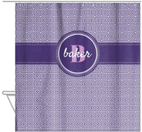 Thumbnail for Personalized Fret Shower Curtain - Purple - Circle Ribbon Nameplate - Hanging View
