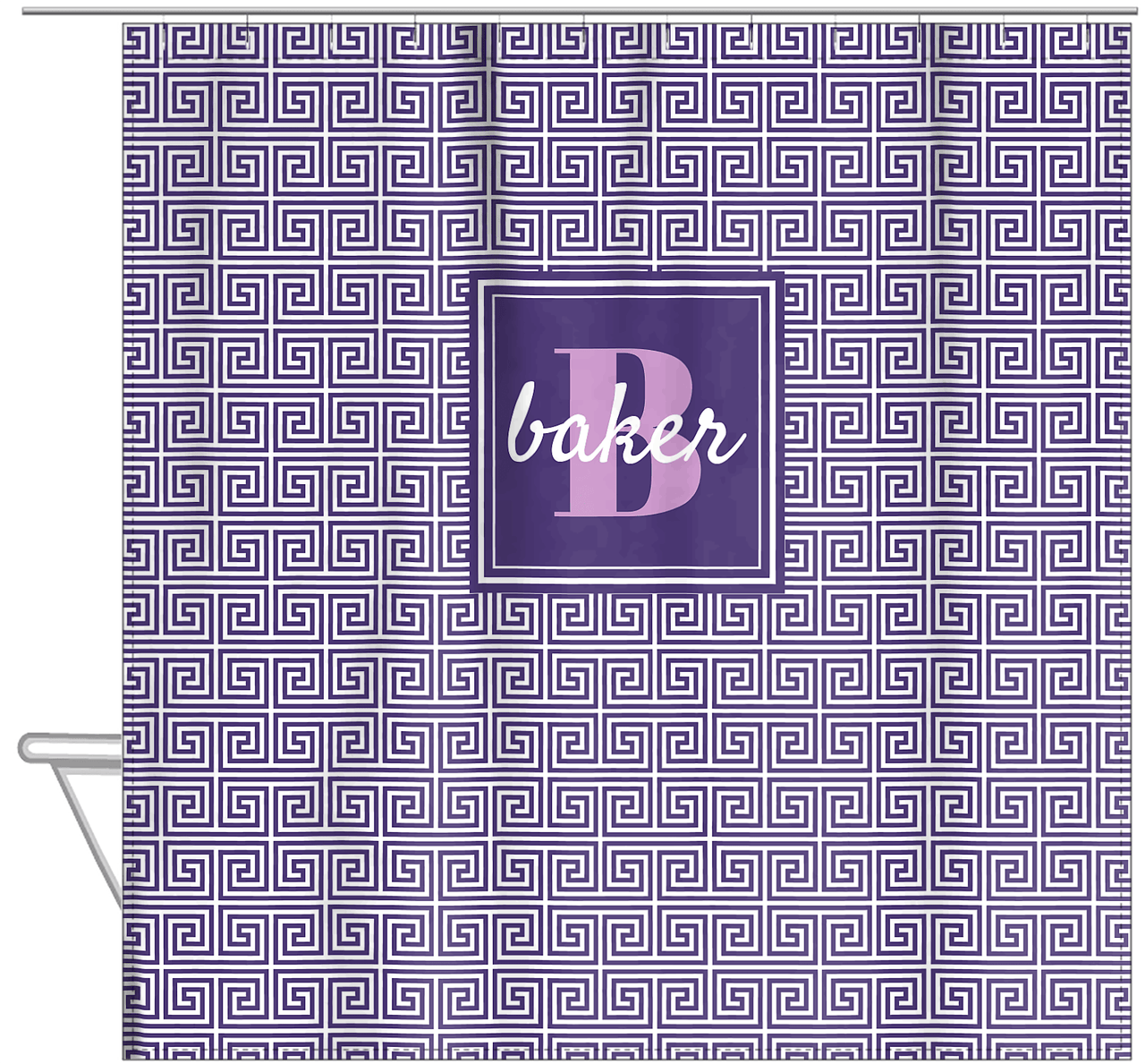 Personalized Fret Shower Curtain - Purple - Square Nameplate - Hanging View