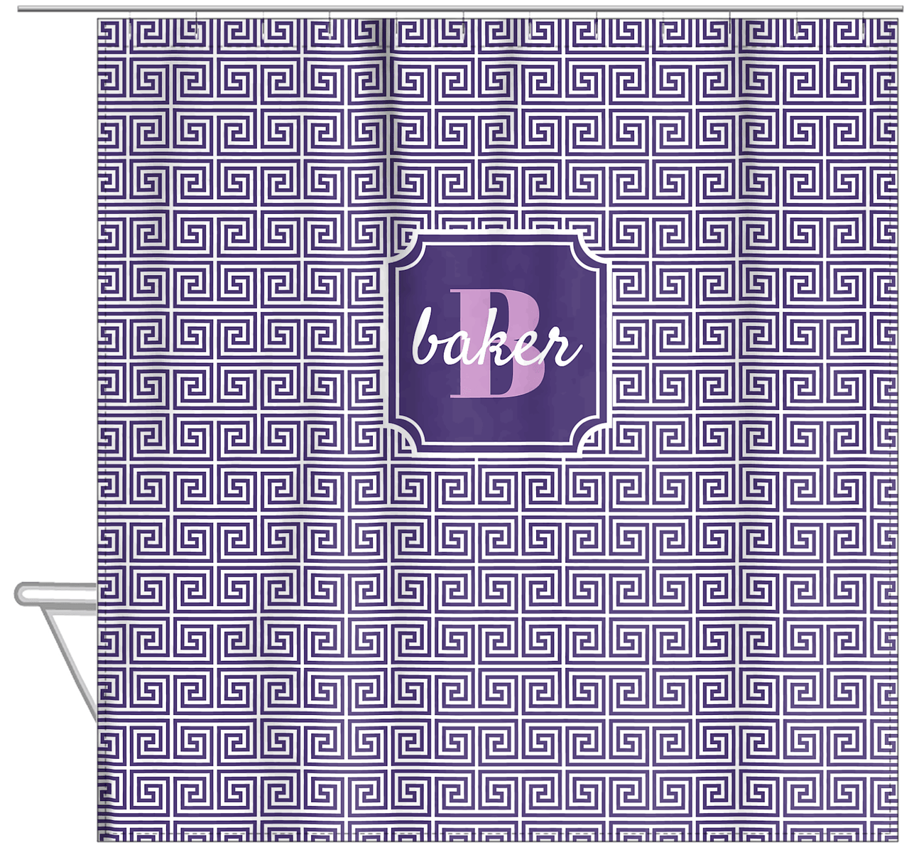 Personalized Fret Shower Curtain - Purple - Stamp Nameplate - Hanging View