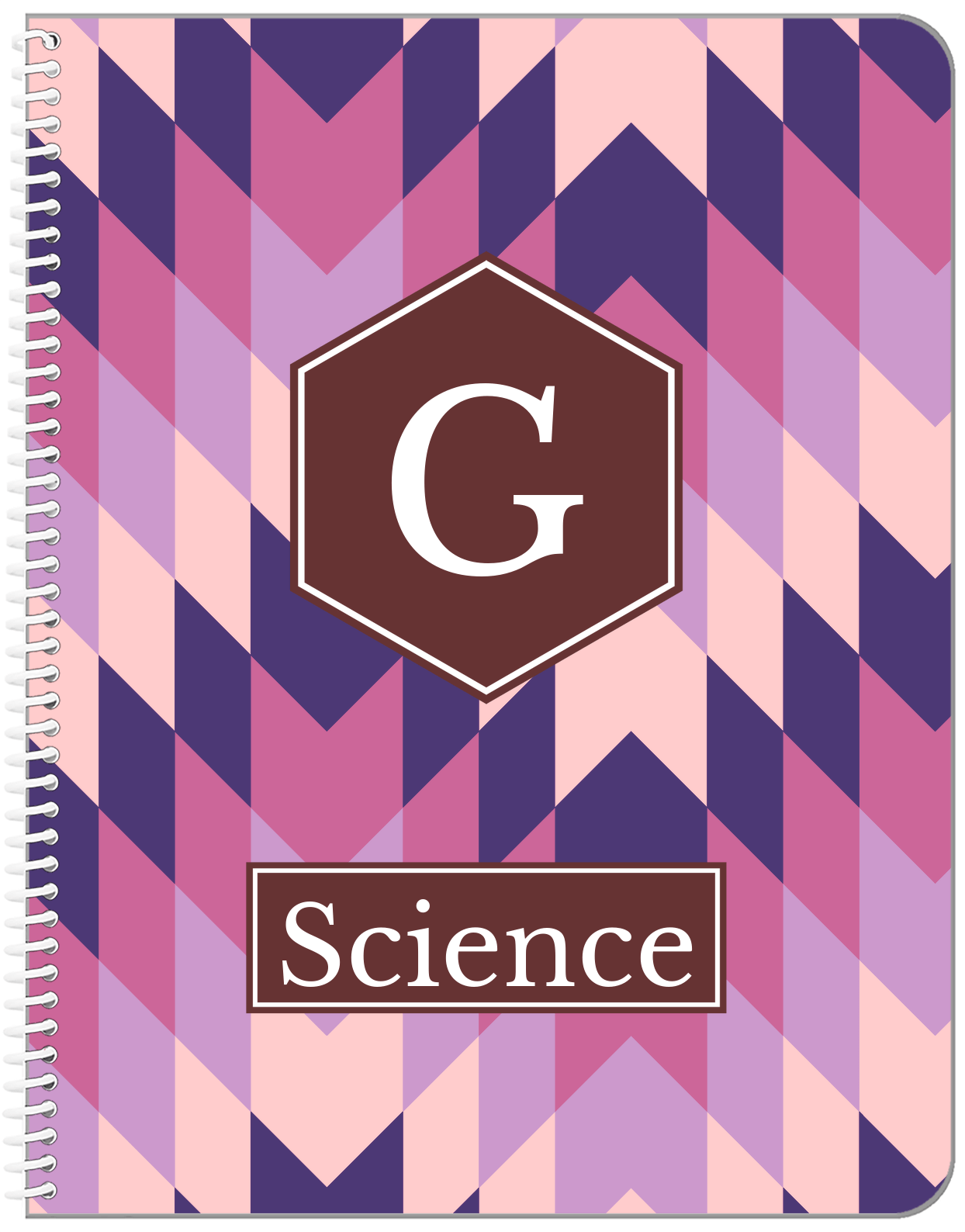 Personalized Funky Arrows Notebook - Purple and Brown - Hexagon Nameplate - Front View