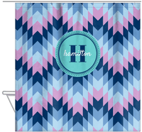 Thumbnail for Personalized Funky Arrows Shower Curtain - Blue - Circle Nameplate - Hanging View