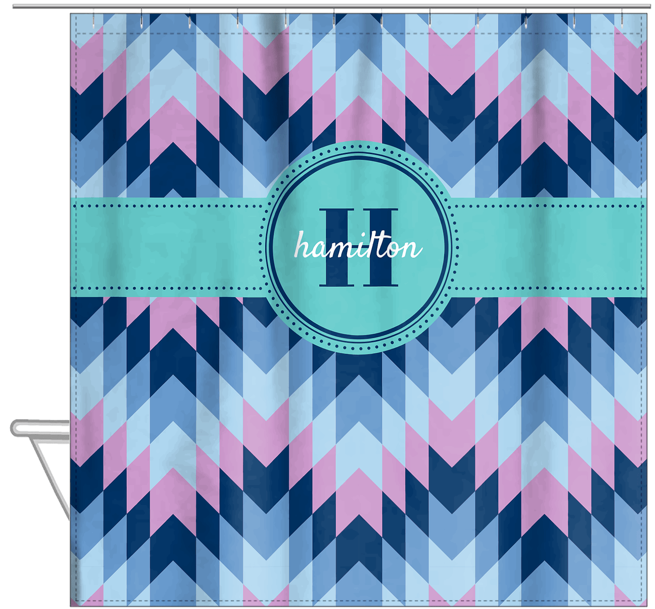 Personalized Funky Arrows Shower Curtain - Blue - Circle Ribbon Nameplate - Hanging View