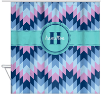 Thumbnail for Personalized Funky Arrows Shower Curtain - Blue - Circle Ribbon Nameplate - Hanging View